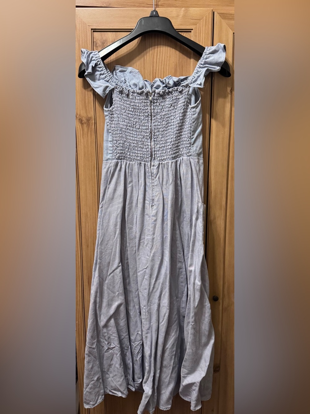 Reformation Hattie Blue Ruffle off shoulder Linen A-Line Blue midi Dress size 6 - Picture 7 of 8